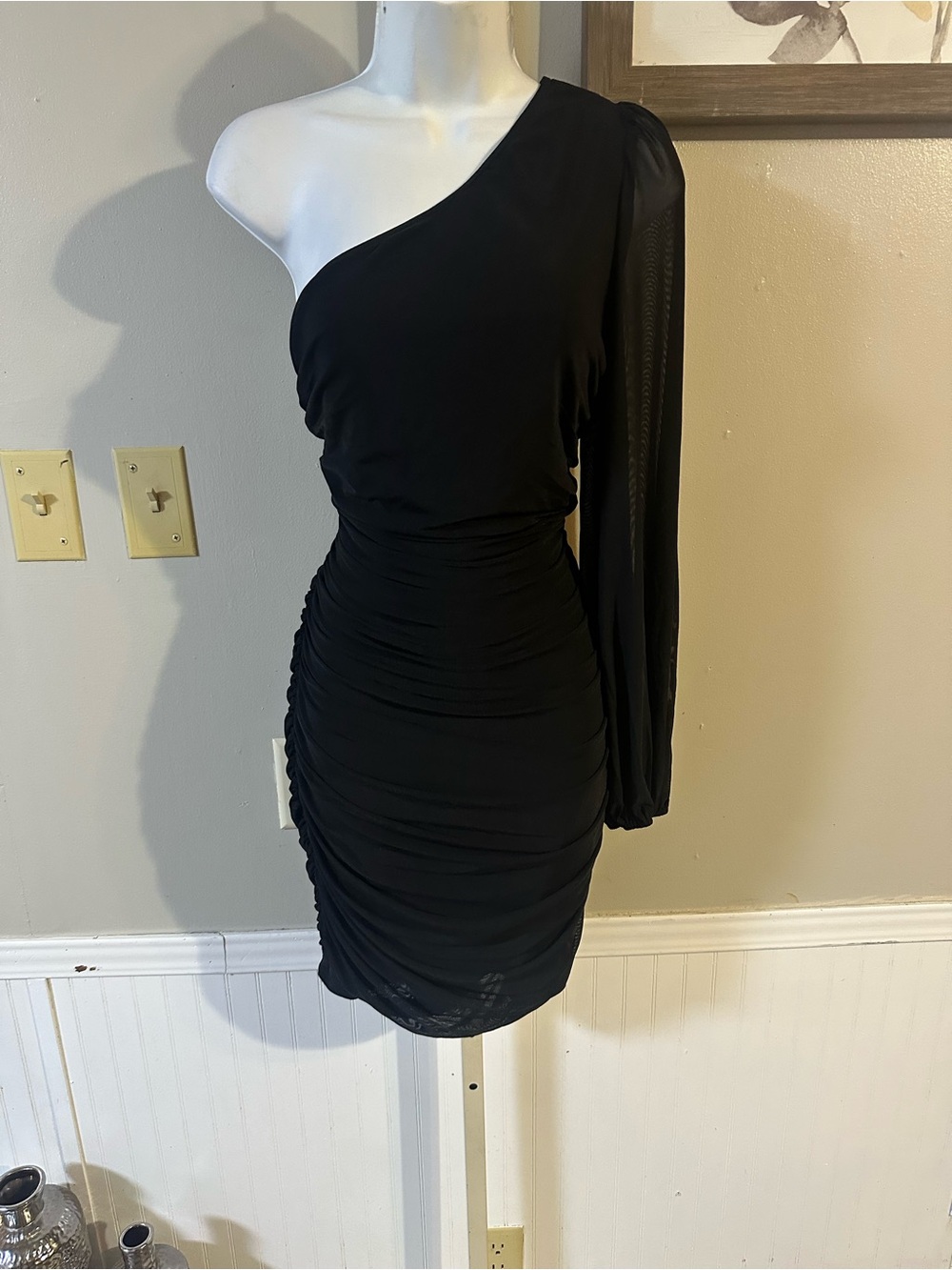 One-Shoulder Black Ruched Mini Dress